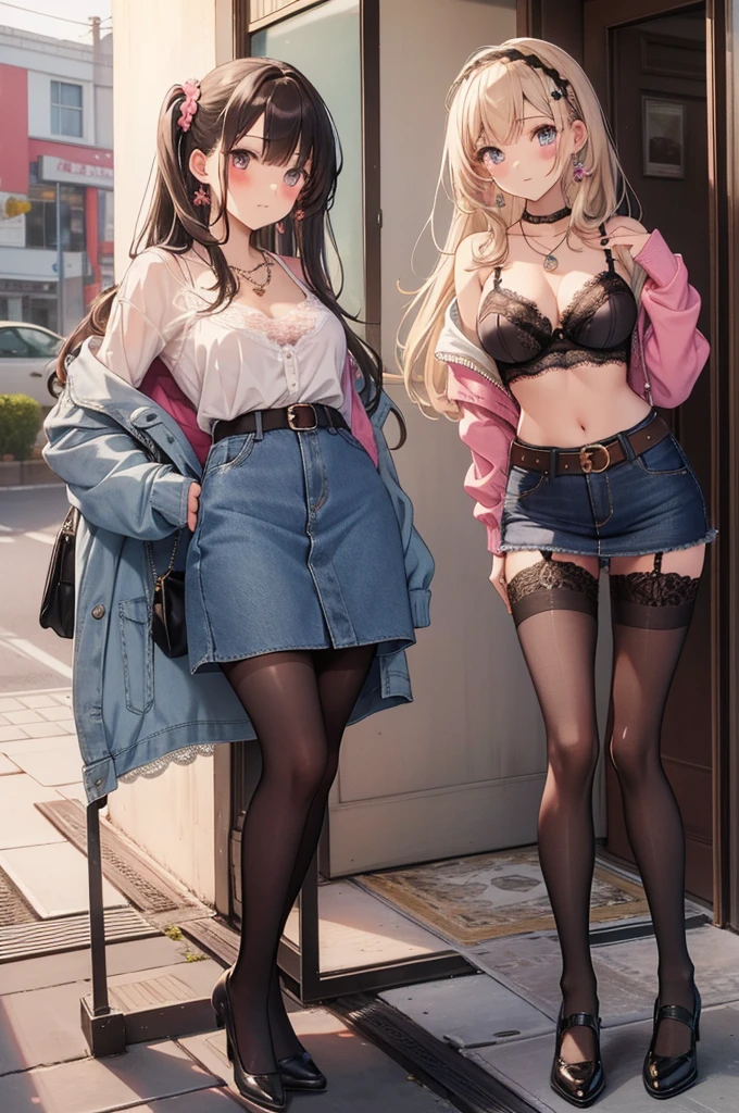 masterpiece, highest quality, pretty girl, 16 , Scrunchie hair ornament, denim pencil mini skirt, pantyhose, Leg belt, necklace, skinny , Pink and black bra,((showing off lace panties)),Home center