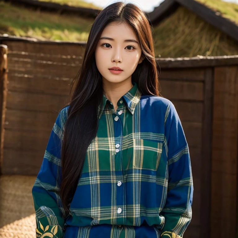 Young Asian woman, 25 years old, beautiful, long hair flowing up. A clear and detailed face, 8k,Wear a red and green and blue plaid shirt., In the open countryside there is a thatched hut with red flowers. Different action poses, Take photos 16k,with a high quality Fujicamera.,45,000,000 pixels