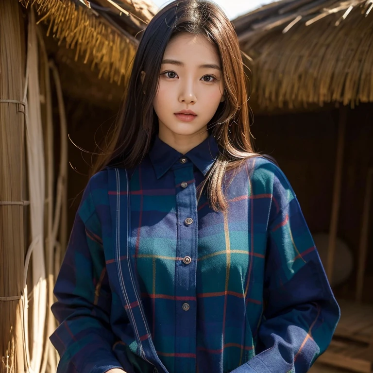 Young Asian woman, 25 years old, beautiful, long hair flowing up. A clear and detailed face, 8k,Wear a red and green and blue plaid shirt., In the open countryside there is a thatched hut with red flowers. Different action poses, Take photos 16k,with a high quality Fujicamera.,45,000,000 pixels