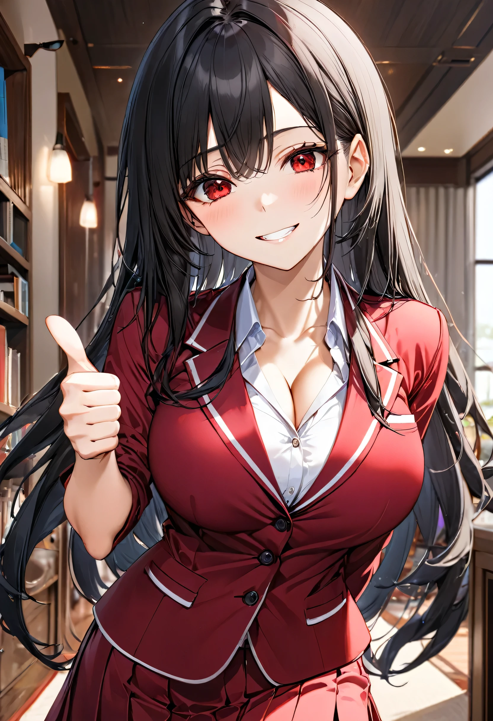 (Calm style) (solo straight black hair long hair dominance girl, detailed serious red eyes, serious face, grin, big tits), (in a summer school suit, skirt), (hand Thumbs up), in the Lounge, BREAK, perfect anatomy, masterpiece, best quality, 16k, beautiful detailed grow, daydreaming expression.