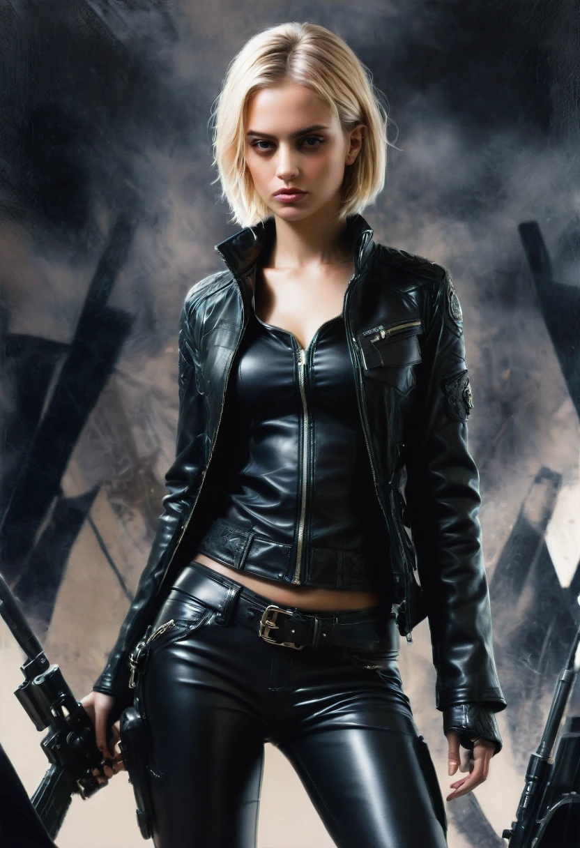 bad Girl, Mean Girl, cool Girl, leather clothing, by ashley_wood, best quality, masterpiece, very aesthetic, perfect composition, intricate details, ultra-detailed