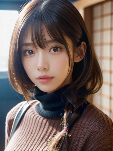 Product quality, 1 girl, ((Cowboy Shot)), Front view, Young and cute girl in Japan, At night, Wearing a black turtleneck knit sweater, Wear a miniskirt, Very cute face, Glossy lips, Double eyelids on both eyes, (Natural Makeup), shiny smooth light brown long hair,,, Asymmetrical bangs, Center image, 8K resolution, High detail, Detailed hairstyle, Detailed face, Cinema Lighting, Octane Rendering, Ultra-realistic, Perfect limbs, Perfect Anatomy, 