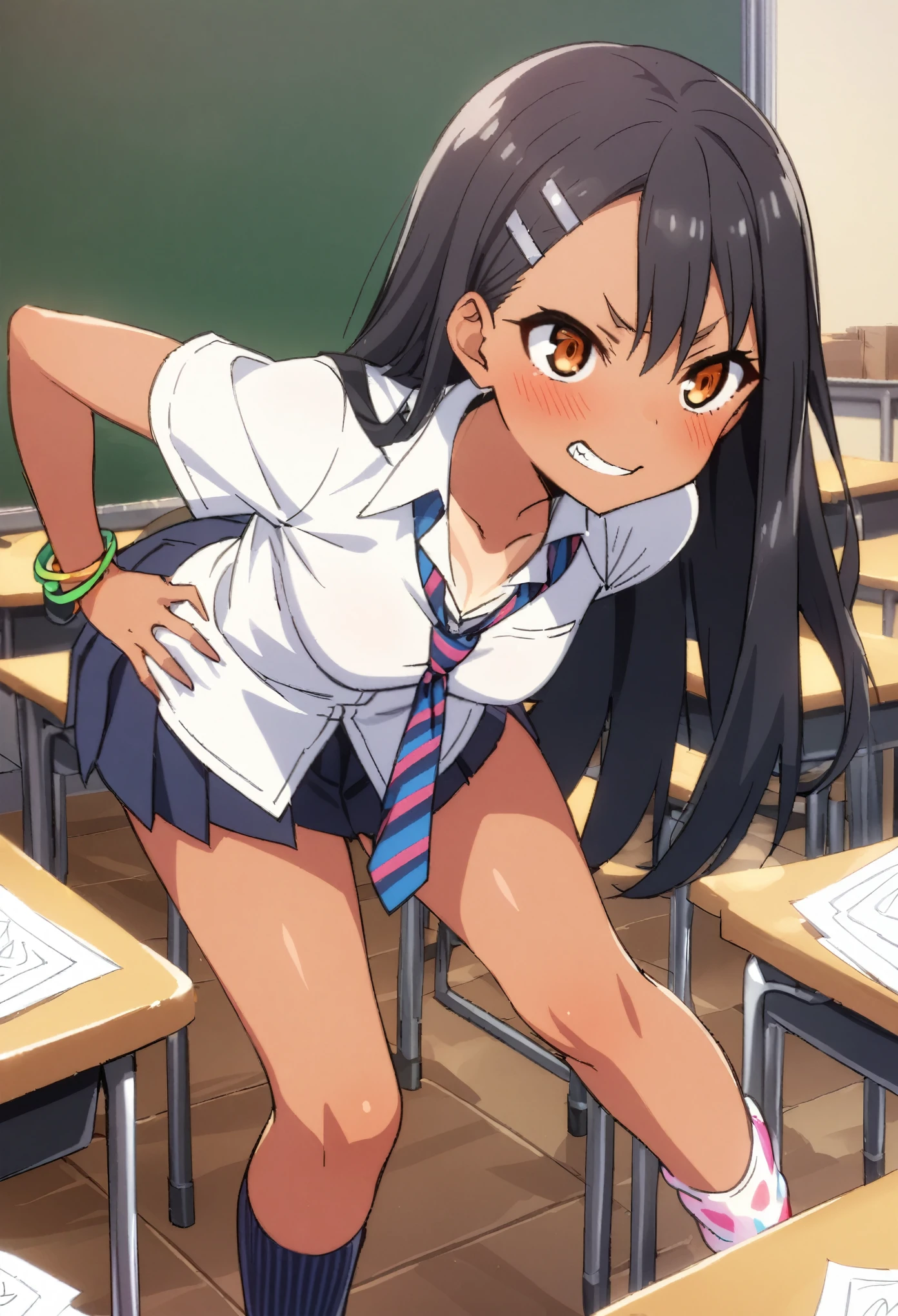 1 girl:nagatoro_hayase, brown eyes, black hair, long hair, dark skin, dark-skinned female, tan, tanlines, hairclip, , white shirt, collared shirt, pleated skirt,A mischievous girl with a sly grin, standing in a school classroom. She has sharp, narrow eyes giving a teasing look, and her eyebrows are raised in a playful manner. She wears a  with a playful twist: a colorful tie, funky socks, and a few quirky accessories like bracelets and hair clips. Her arms are crossed, and she’s leaning slightly forward, one leg slightly ahead of the other, as if she’s about to make a witty remark. The classroom background includes desks, a blackboard with some doodles, and a few scattered papers on the floor.