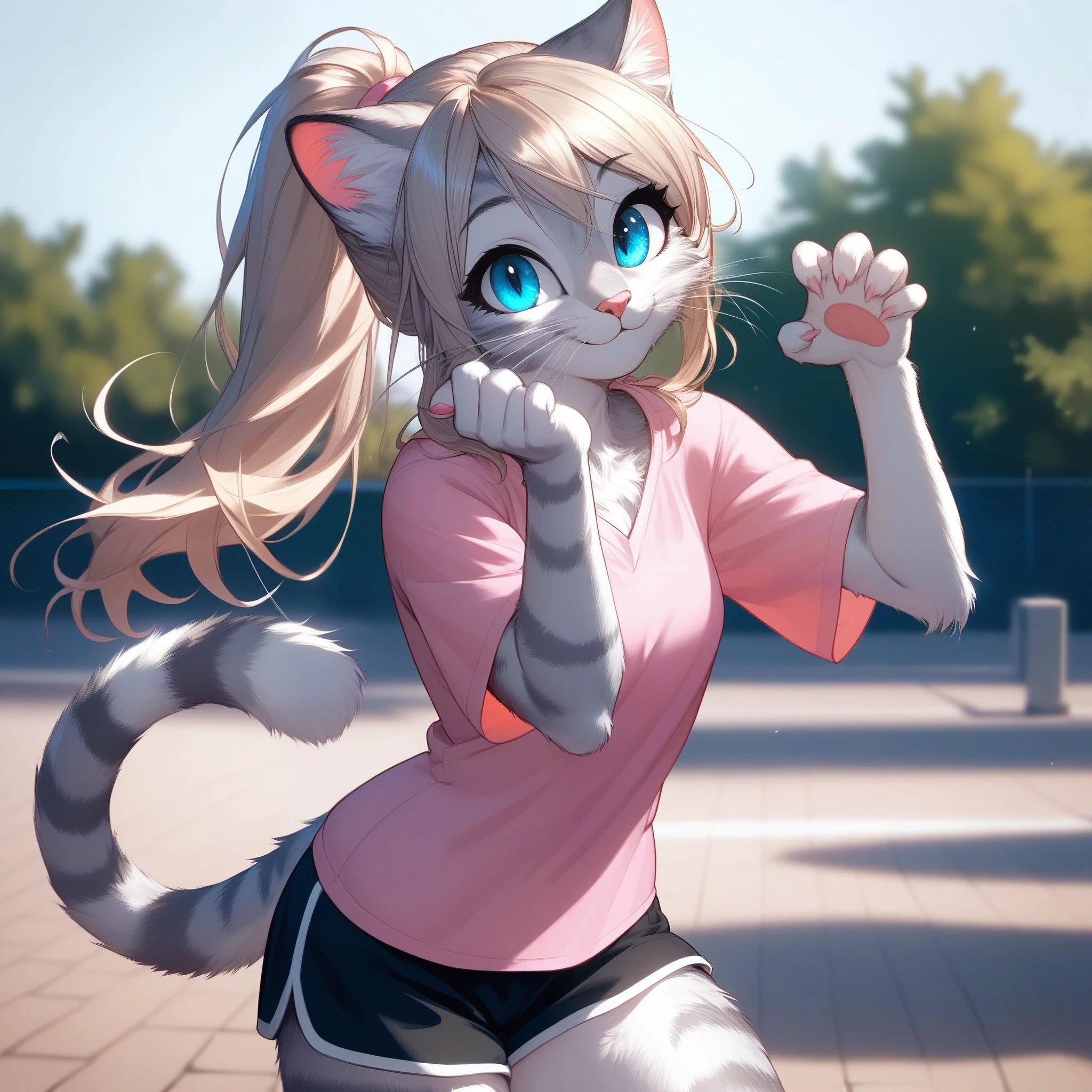 score_9,score_8_up,score_7_up, source_cartoon, source_furry, Kat, a cute Anthro furry feline girl, tall body, hourglass figure, adult female, blue eyes, :3, silver fur, long blonde hair, hair in a ponytail, white whiskers, pink nose, wearingpink shirt with a cute cat on it, brown short shorts, bashful pose, hands behind her back, standing, cowboy shot, smiling, outdoors, in a large school campus, school background