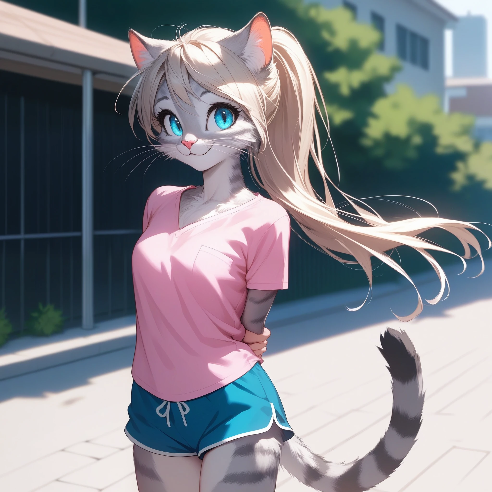 score_9,score_8_up,score_7_up, source_cartoon, source_furry, Kat, a cute Anthro furry feline girl, tall body, hourglass figure, adult female, blue eyes, :3, silver fur, long blonde hair, hair in a ponytail, white whiskers, pink nose, wearingpink shirt with a cute cat on it, brown short shorts, bashful pose, hands behind her back, standing, cowboy shot, smiling, outdoors, in a large school campus, school background