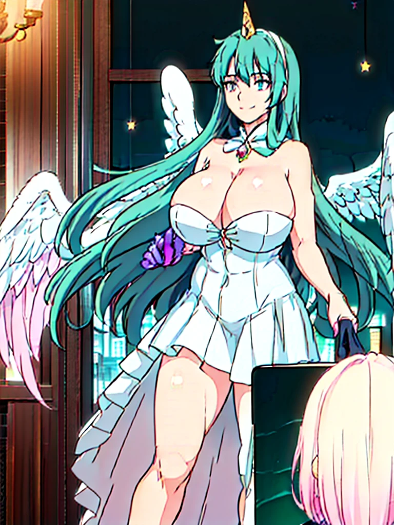 gran calidad ++ Extremely detailed high resolusionolution, very aesthetic, ojos expresivos, (((Cara perfecta))), (((face symmetrical))), ((good anatomy)), (((manos perfectas))), (((8k))), UHD, Fondo de pantalla HD, (((alta calidra detallada, (((((1girl)))))), solamente, Obra maestra, La mejor calidad, high resolusion, Altamente detallado, (illustration), hermosos ojos detallados, ((((cuerpo completo)))), ((((princess celestia)))), (((Gold jewelry on it))), (((gold ornaments on the dress))), (((night with stars))), (((divine wrath))), (((attack with magic))), ((((smile)))), (((((mature female))))), (((Celestia))), (((green hair))), Cabello largo y ondulado, (((strapless tube dresature female))), ((((((gigantic breasts)))))), (((orejas blancas de pony))), (((long dark navy white wavy hair))), ((sided bang)), (((turquoise eyes))), (((turquoise eye shadow))), (((((victorian dress))))), (((((long white and pink wavy dress))))), (((((royal dress))))), (((Dedos detallados))), (((white pegasus wings)))), ((((((White wings)))))), (((cuerno dorado de unicornio))), (((Smile))), (((asymmetrical body))), (((asymmetrical hair))), (((asymmetrical clothes))), Dedos precisos, strange eye,