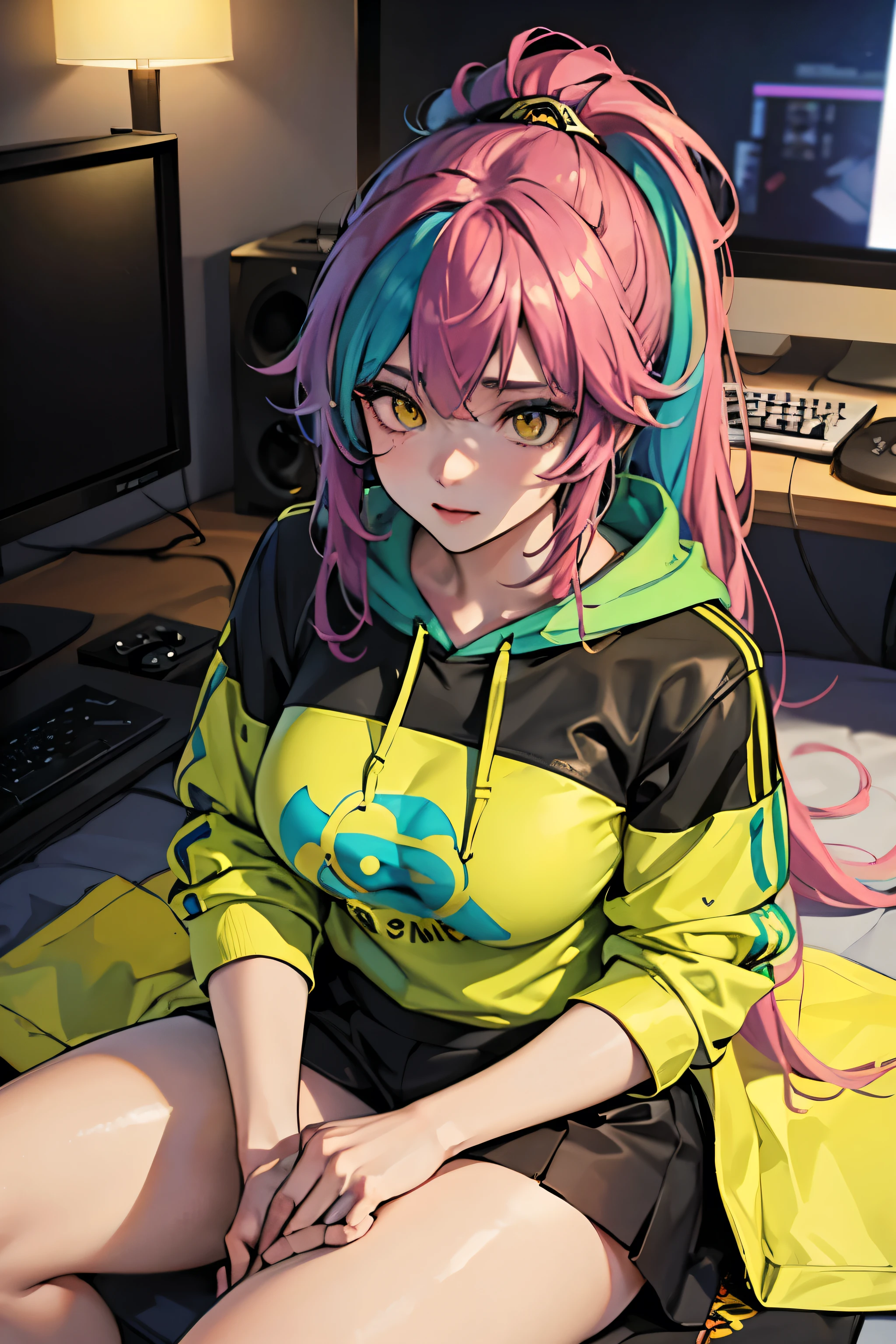 The most beautiful and sexy gamer girl, sitting, playing videogame, rainbow colored hair, yellow eyes, wearing hoodie, graphic t-shirt, skirt and highly detailed gamer gear, highly detailed background, perfect masterpiece, high quality, high resolution