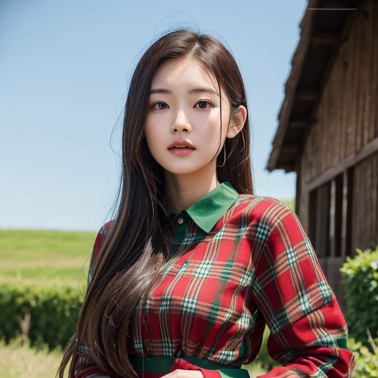 Young Asian woman, 25 years old, beautiful, long hair flowing up. A clear and detailed face, 8k,Wear a red and green and blue plaid shirt., In the open countryside there is a thatched hut with red flowers. Different action poses, Take photos 16k,with a high quality Fujicamera.,45,000,000 pixels