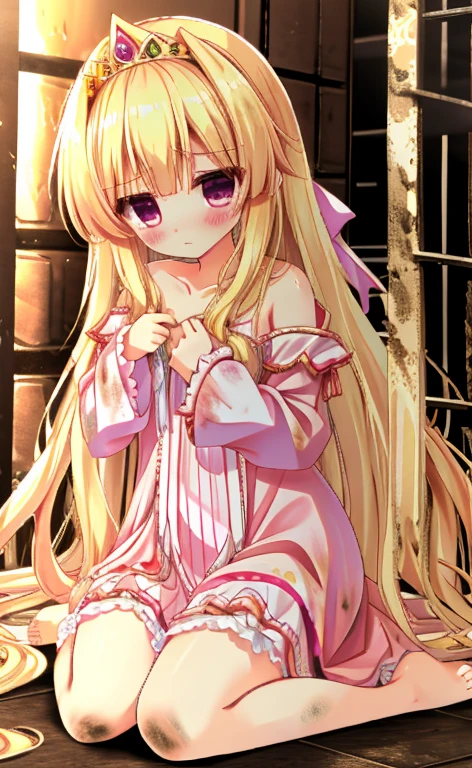 Beautiful long blonde　Princess in a pink dress　Gold Tiara　Long sleeve　Shyness　night　dirty　in_prison　Tears are overflowing from my eyes　barefoot　dark
