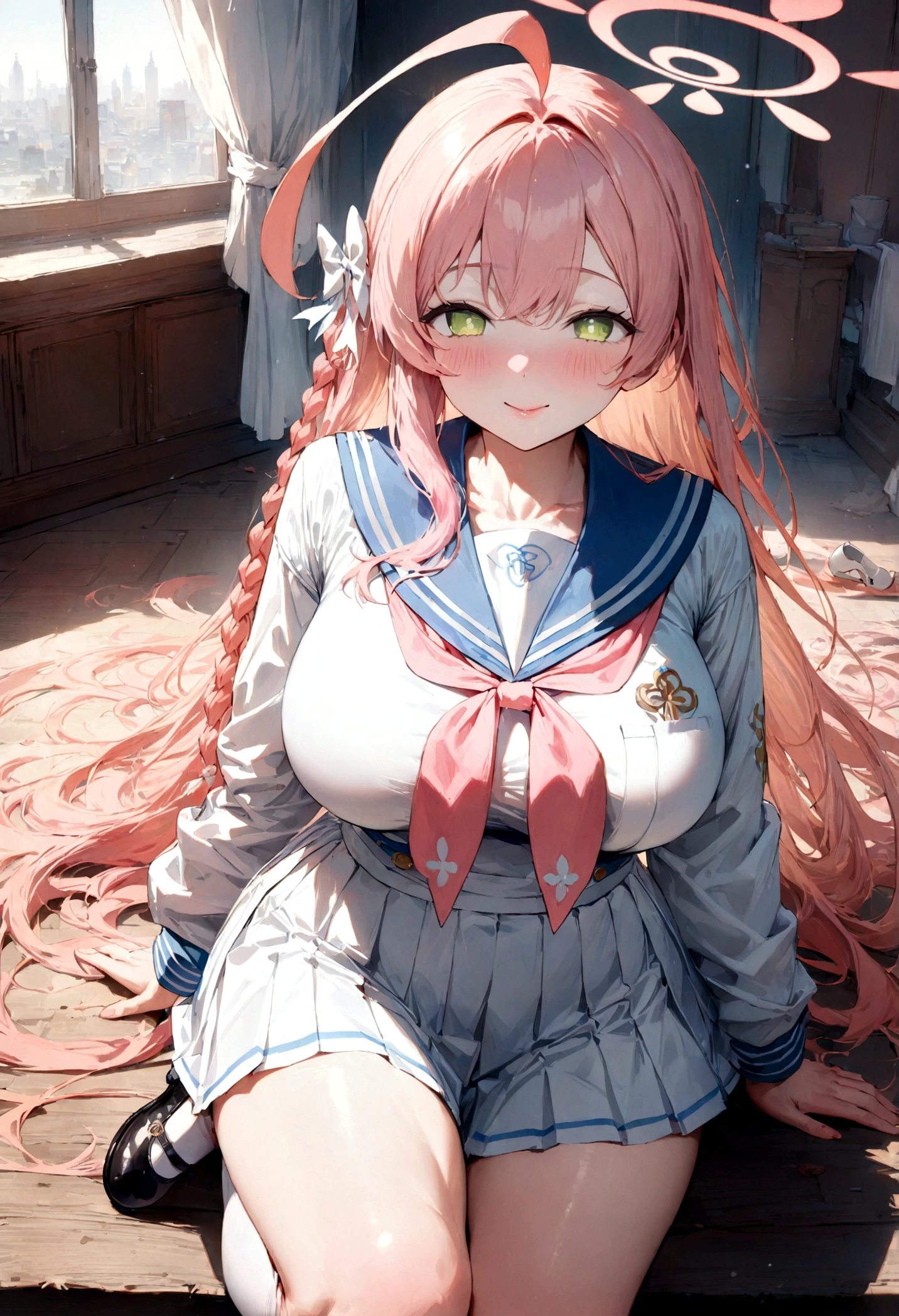 hanako-default, hanako \(blue archive\),large breasts,green eyes, pink hair,long hair,braid,ahoge,halo,,sailor collar,white pleated skirt, kneehighs,mary janes, (((masterpiece))), (((best quality))), 8k, (((ultra-detailed))), illustration, nice details,