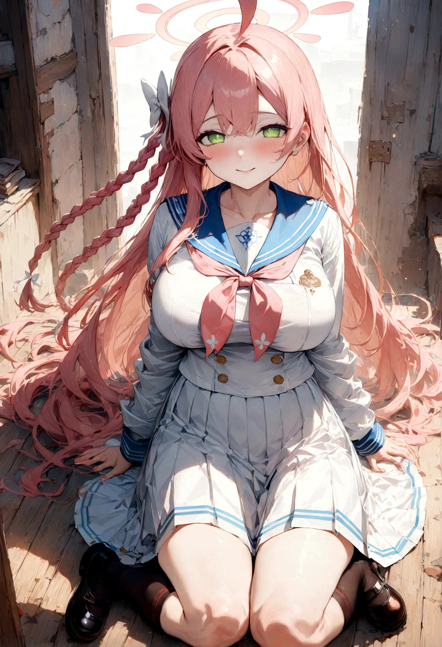 hanako-default, hanako \(blue archive\),large breasts,green eyes, pink hair,long hair,braid,ahoge,halo,,sailor collar,white pleated skirt, kneehighs,mary janes, (((masterpiece))), (((best quality))), 8k, (((ultra-detailed))), illustration, nice details,