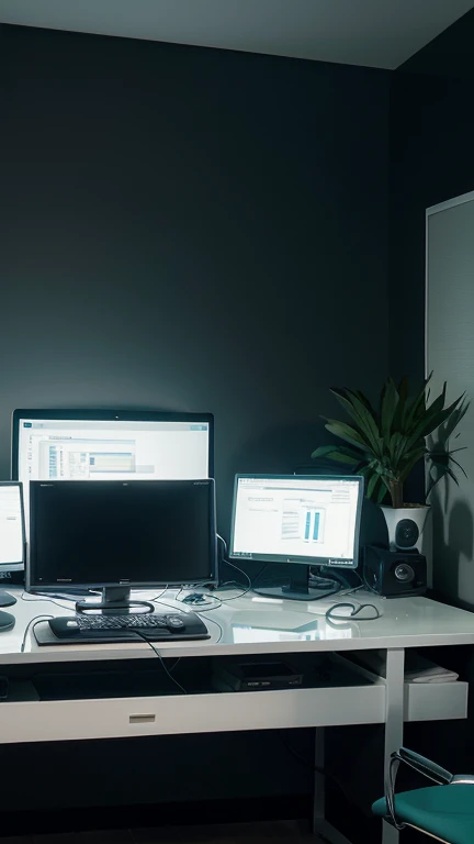 Generate a series of hyperrealistic images for the &#39;About&#39; page of the INTAR company. Images should reflect the company&#39;s innovation and focus on artificial intelligence. Incluir escenas de profesionales trabajando con datos, neural networks and advanced technology in a modern office environment. Use a cinematic style with soft lighting and bluish tones in the background to convey professionalism and confidence. Images should be visually appealing and suitable for a modern and elegant web design."

Elementos Clave a Incluir:

Profesionales trabajando:

People collaborating in front of screens with graphs and data.
Data scientists analyzing algorithms and models.
Software engineers writing code.
advanced technology:

Technological equipment such as servers, high-resolution screens and data entry devices.
Abstract representations of neural networks and data graphs.
Entorno de Oficina Moderno:

Un ambiente de trabajo moderno y bien iluminado.
Contemporary furniture, such as ergonomic desks and comfortable chairs.
Paredes de vidrio, indoor plants and minimalist decoration.
cinematic style:

lightning suave para crear una atmósfera cálida y acogedora.
Blue tones in the background to highlight technology and professionalism.
Balanced composition and focus on details for a realistic look.
Color y Estilo:

Paleta de Colores: Predominantemente azul y blanco, con toques de gris y verde.
Estilo: Cinematic and modern.
lightning: Suave y natural.
