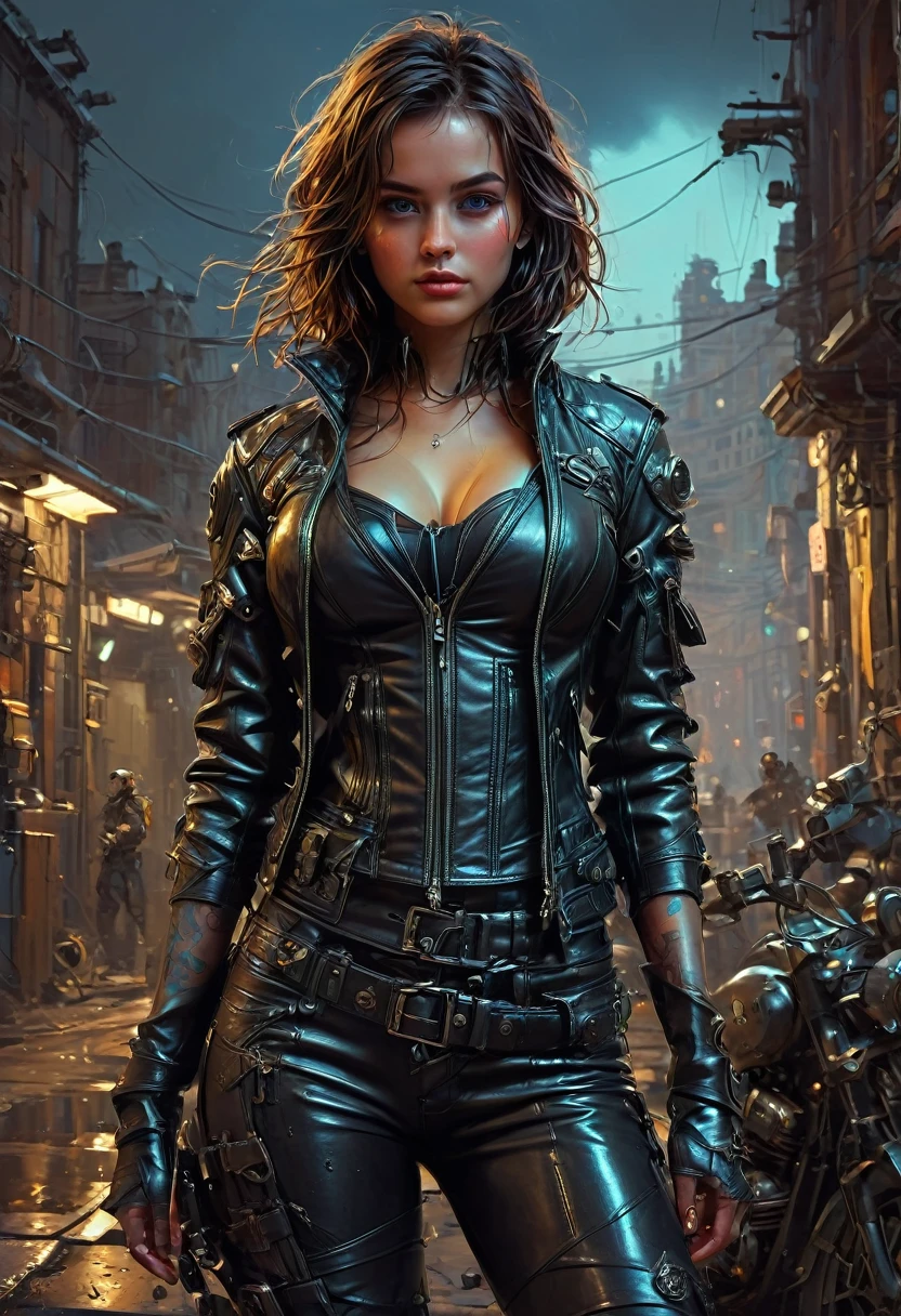 bad Girl, Mean Girl, cool Girl, leather clothing, Man clothing, by Ian McQue, best quality, masterpiece, very aesthetic, perfect composition, intricate details, ultra-detailed