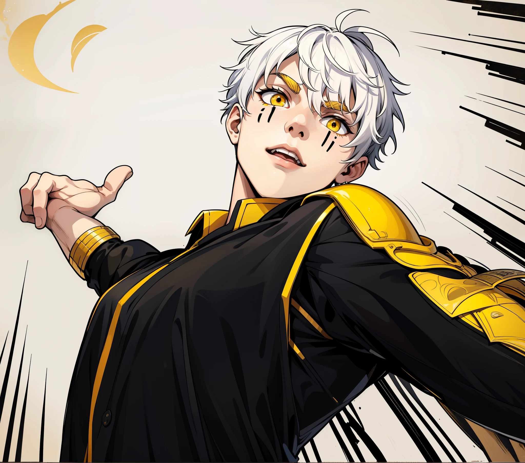 masterpiece, best quality,<lora:style22:1>,sketch, <lora:trailblazer:1>,
,trailblazer, 1boy, male focus, gloves, short hair,white hair,bangs,yellow eyes,white shirt,jacket,pants,belt,open jacket,jewelry, coat,