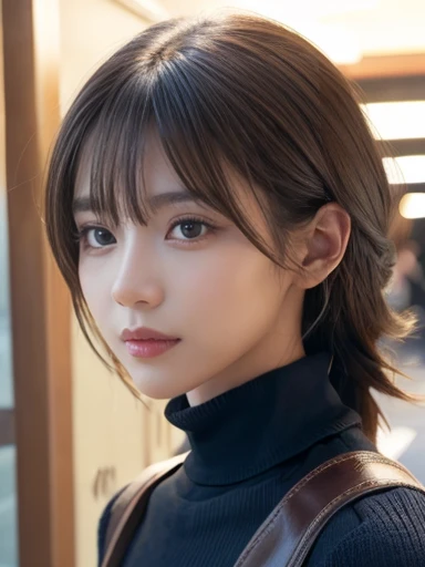 Product quality, 1 girl, ((((Cowboy Shot)))), Front view, Young and cute girl in Japan, At night, Wearing a black turtleneck knit sweater, Wear a miniskirt, Very cute face, Glossy lips, Double eyelids on both eyes, (Natural Makeup), shiny smooth light brown long hair,,, Asymmetrical bangs, Center image, 8K resolution, High detail, Detailed hairstyle, Detailed face, Cinema Lighting, Octane Rendering, Ultra-realistic, Perfect limbs, Perfect Anatomy,
