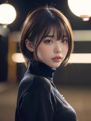 Product quality, 1 girl, ((((Cowboy Shot)))), Front view, Young and cute girl in Japan, At night, Wearing a black turtleneck knit sweater, Wear a miniskirt, Very cute face, Glossy lips, Double eyelids on both eyes, (Natural Makeup), shiny smooth light brown long hair,,, Asymmetrical bangs, Center image, 8K resolution, High detail, Detailed hairstyle, Detailed face, Cinema Lighting, Octane Rendering, Ultra-realistic, Perfect limbs, Perfect Anatomy,