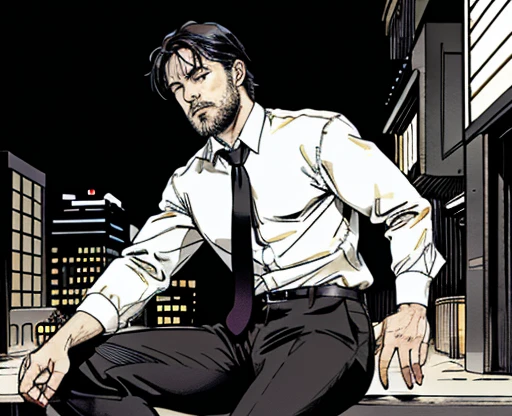 Mature man, best quality, japanese office worker, black coat, black pants, white shirt, red tie, tired, white socks, bad, masterpiece, super high resolution, detailed background, reality, illustration, single, 1 boy, muscle man, beard, street at night, muscle, facial hair, volume lighting, depth of field, wheezing, raised crotch, handsome action, big dynamic, fotografia de Corpo completo imagem de corpo inteiro, low side angles. Detailed image dynamic image. He doesn&#39;t wear clothes.