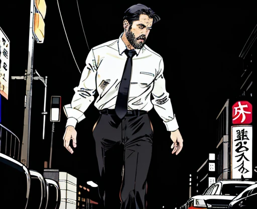 Mature man, best quality, japanese office worker, black coat, black pants, white shirt, red tie, tired, white socks, bad, masterpiece, super high resolution, detailed background, reality, illustration, single, 1 boy, muscle man, beard, street at night, muscle, facial hair, volume lighting, depth of field, wheezing, raised crotch, handsome action, big dynamic, fotografia de Corpo completo imagem de corpo inteiro, low side angles. Detailed image dynamic image. He doesn&#39;t wear clothes.