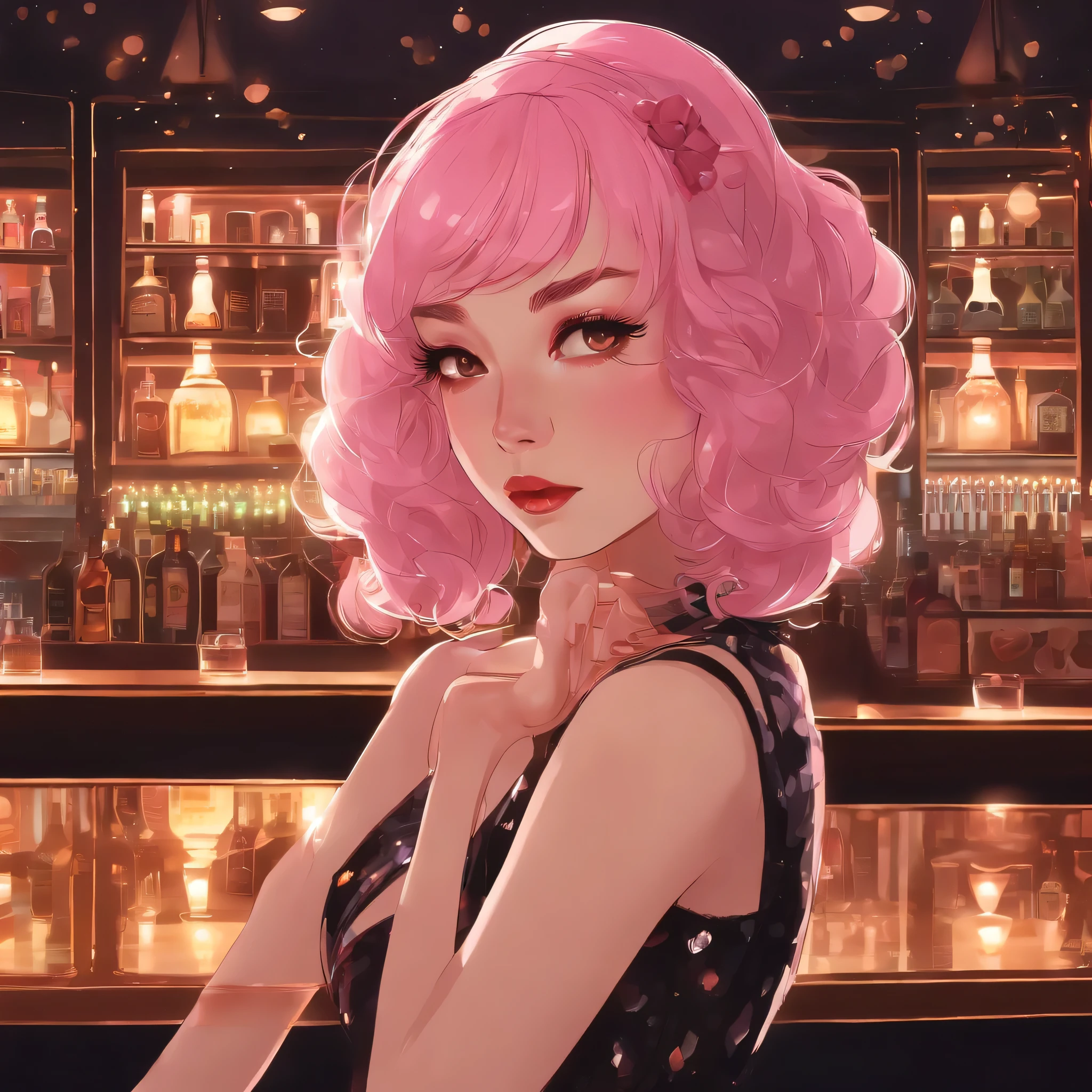 8k photo portrait of a stunning woman with pink hair, full body wearing a disco dress, looking at the camera, in a bustling night bar called NOX CLUB, light reflections, highly detailed, studio ghibli, akira toriyama, james gilleard, genshin impact, trending pixiv fanbox, spatula acrylic, 4k, night vibrant colors.