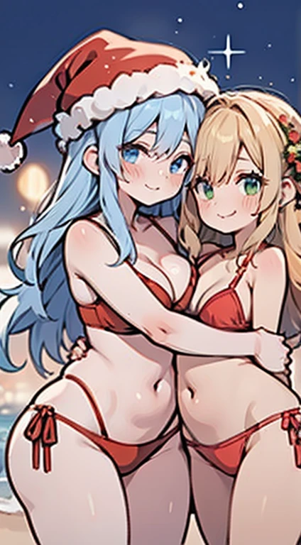 2 mulheres na praia, wearing Santa Claus hats, drinks in hand, they are in two piece bikini swimsuits, happy looking tempting skinship vibes, hugged, no estilo de anime, retratos simplificados e estilizados, soft lighting, brilhante/lustroso