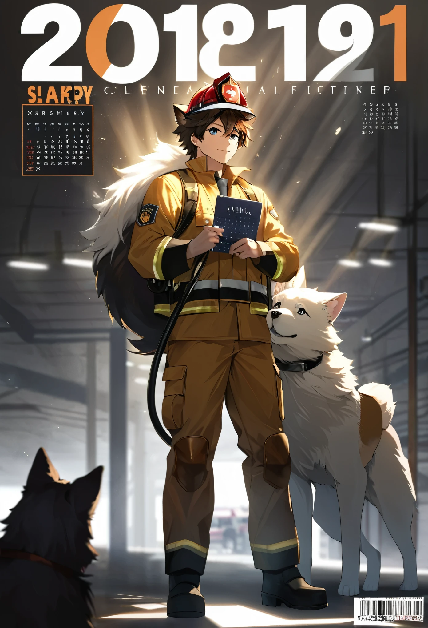 e621 upload, top quality, best quality, highres, masterpiece, super high resolution, detailed background, street, gasping for air(1boy, dog, kemono, furry anthro)Firefighter, cover calendar, absurdres, perfect anatomy, good lighting, volumetric lighting, cinematic shadow,