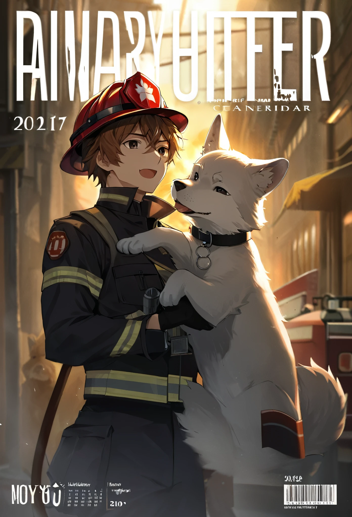 e621 upload, top quality, best quality, highres, masterpiece, super high resolution, detailed background, street, gasping for air(1boy, dog, kemono, furry anthro)Firefighter, cover calendar, absurdres, perfect anatomy, good lighting, volumetric lighting, cinematic shadow,
