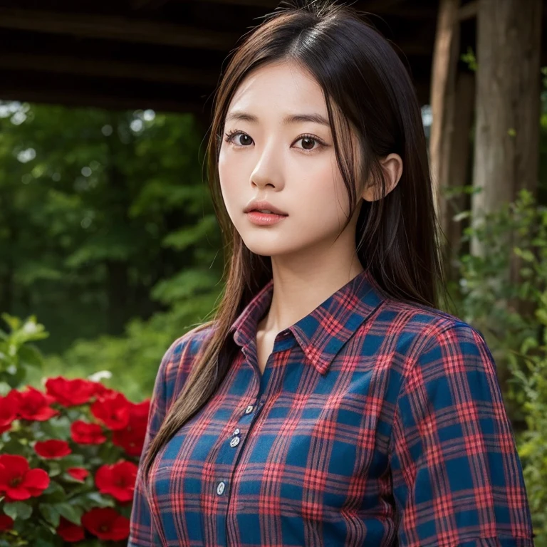 Young Asian woman, 25 years old, beautiful, long hair flowing up. A clear and detailed face, 8k,Wear a red and green and blue plaid shirt., In the open countryside there is a thatched hut with red flowers. Different action poses, Take photos 16k,with a high quality Fujicamera.,45,000,000 pixels