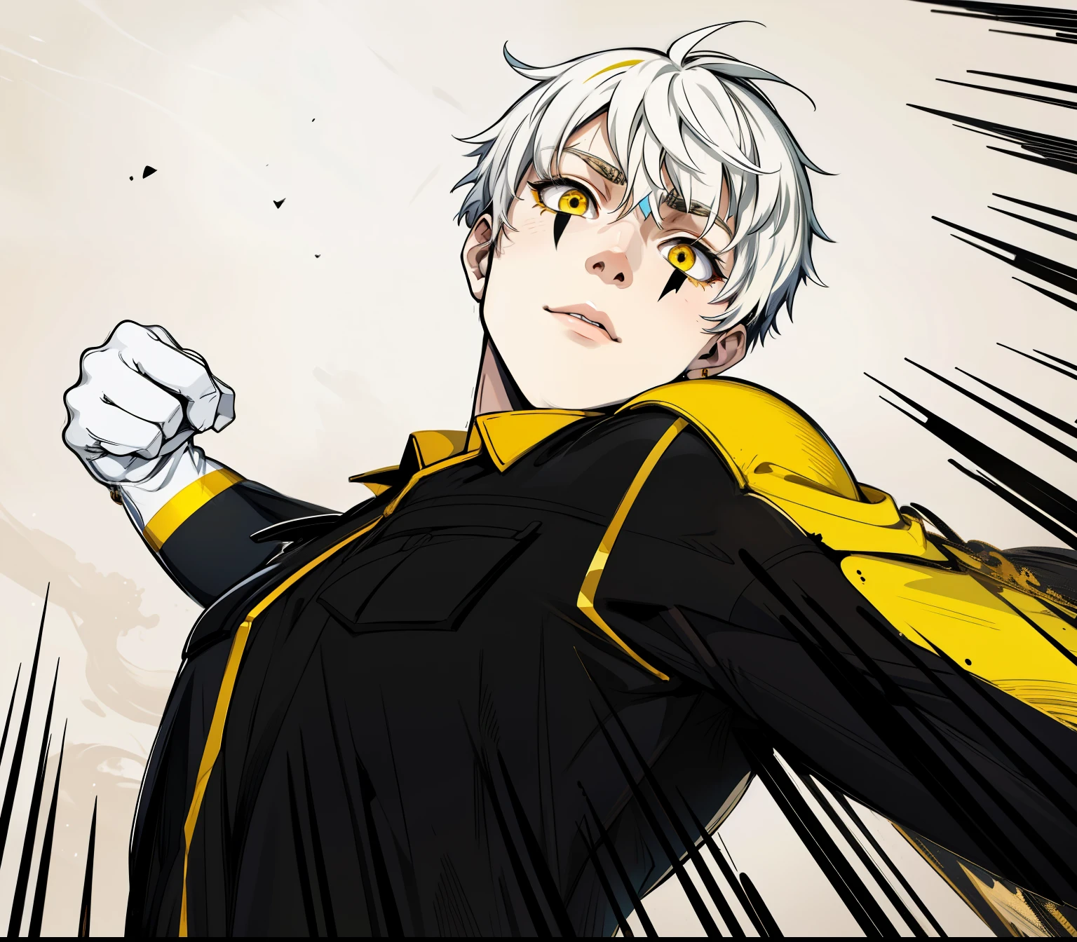 man cute boy 17 years old in a fight yellow eyes white hair black ancient egyptian costume with yellow golden jewelry on his clothes crazy face