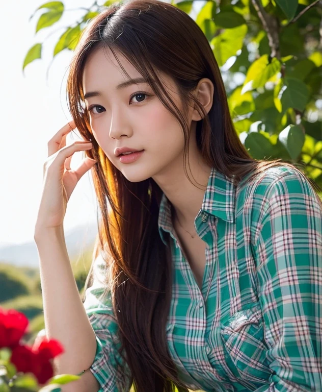 Young Asian woman, 25 years old, beautiful, long hair flowing up. A clear and detailed face, 8k,Wear a red and green and blue plaid shirt., In the open countryside there is a thatched hut with red flowers. Different action poses, Take photos 16k,with a high quality Fujicamera.,45,000,000 pixels