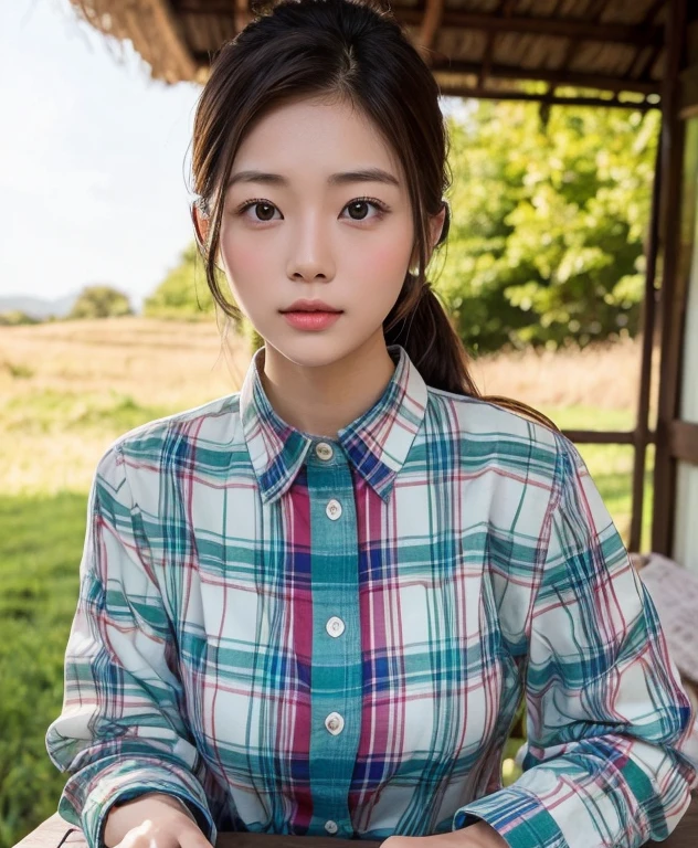 Young Asian woman, 25 years old, beautiful, long hair flowing up. A clear and detailed face, 8k,Wear a red and green and blue plaid shirt., In the open countryside there is a thatched hut with red flowers. Different action poses, Take photos 16k,with a high quality Fujicamera.,45,000,000 pixels