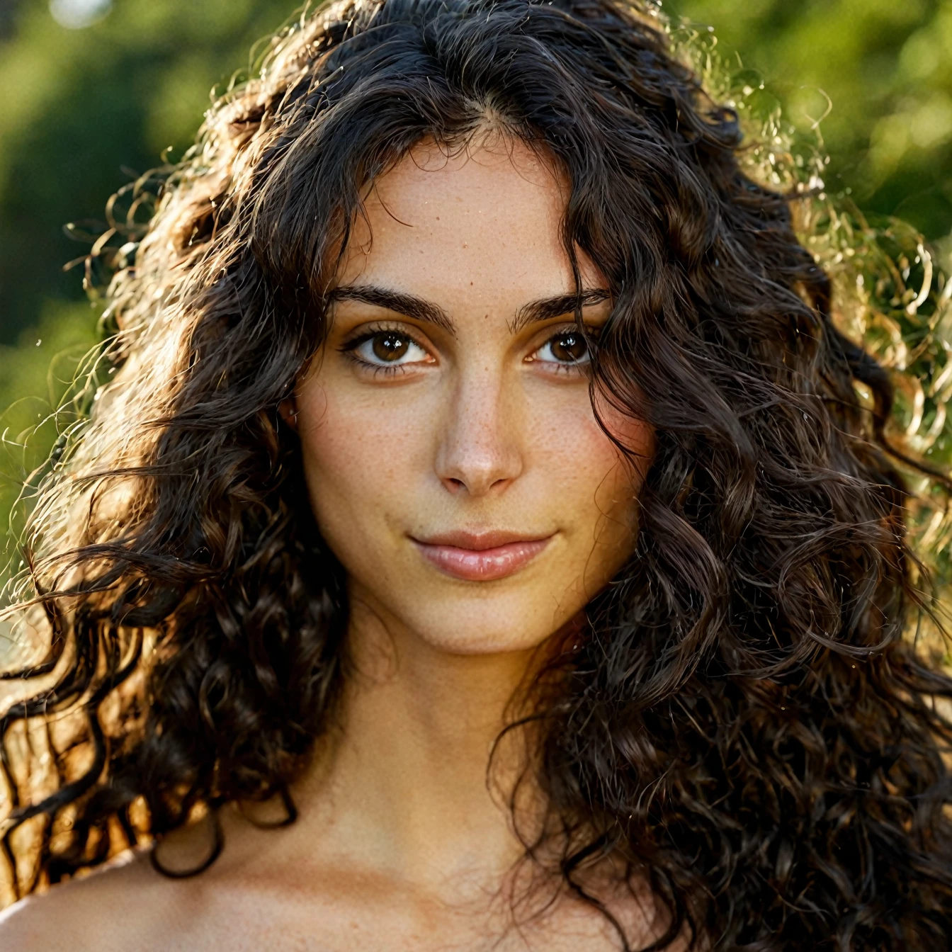 Textura de la piel, sin maquillaje, Super high res closeup portrait photo oF a woman outdoors with wavy long hair,F /2.8, canon, 85mm,cinematographic, Alta calidad,Mirando al espectador,  humanizada, en primer plano 