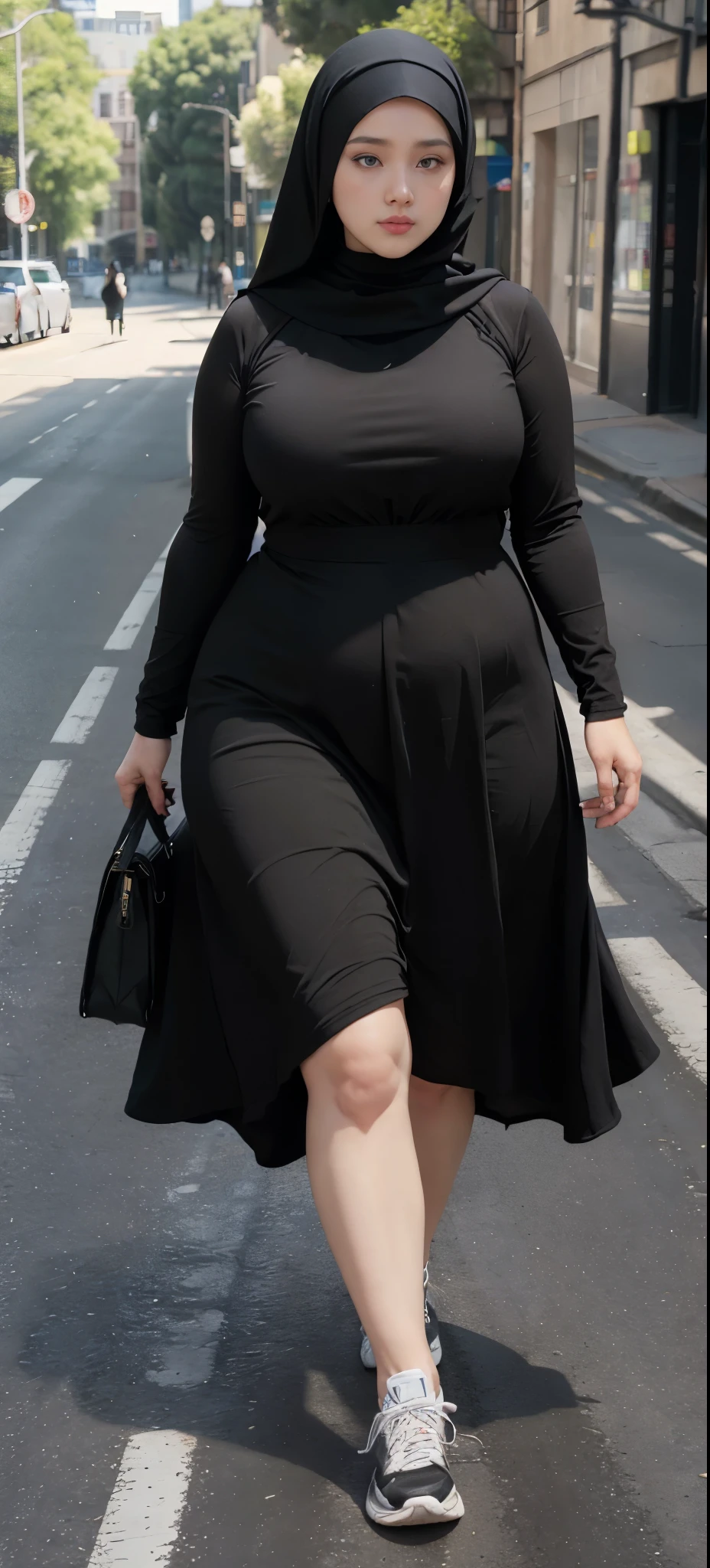 Milky white skin woman in black dress and hijab walking down the street, , hijab outfit, , hijab fashion model, plus size, plus size woman, , woman in black robes, beautiful woman, thicc, black outfit,, bbwchan , white sneakers , Height 170 cm, beautiful woman, with a beautiful appearance, a very beautiful masterpiece, a masterpiece of art, good lighting, Bright colors, Clean lines