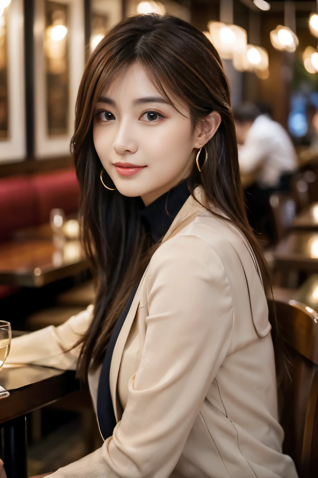 masterpiece, highest quality, Realistic, Very detailed, Finer details, High resolution, 8k wallpaper, One beautiful woman, Wear casual business attire, In a great restaurant, At night, Light brown messy hair, Perfect dynamic composition, Beautiful and beautiful eyes、Earrings