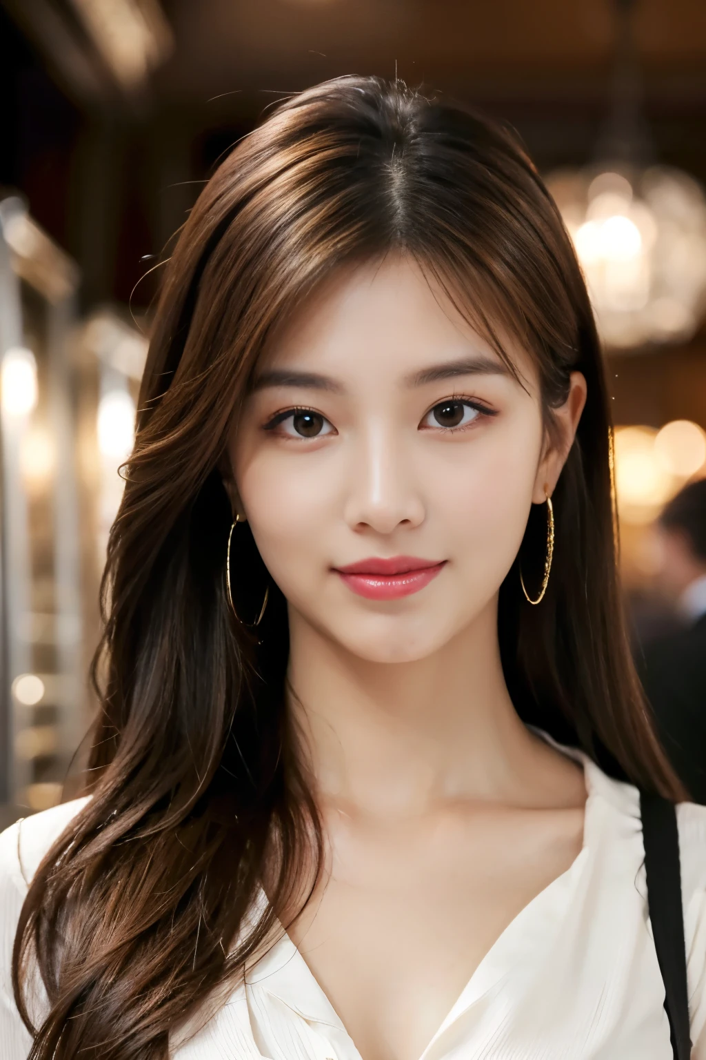 masterpiece, highest quality, Realistic, Very detailed, Finer details, High resolution, 8k wallpaper, One beautiful woman, Wear casual business attire, In a great restaurant, At ht, Light brown messy hair, Perfect dynamic composition, Beautiful and beautiful eyes、Earrings