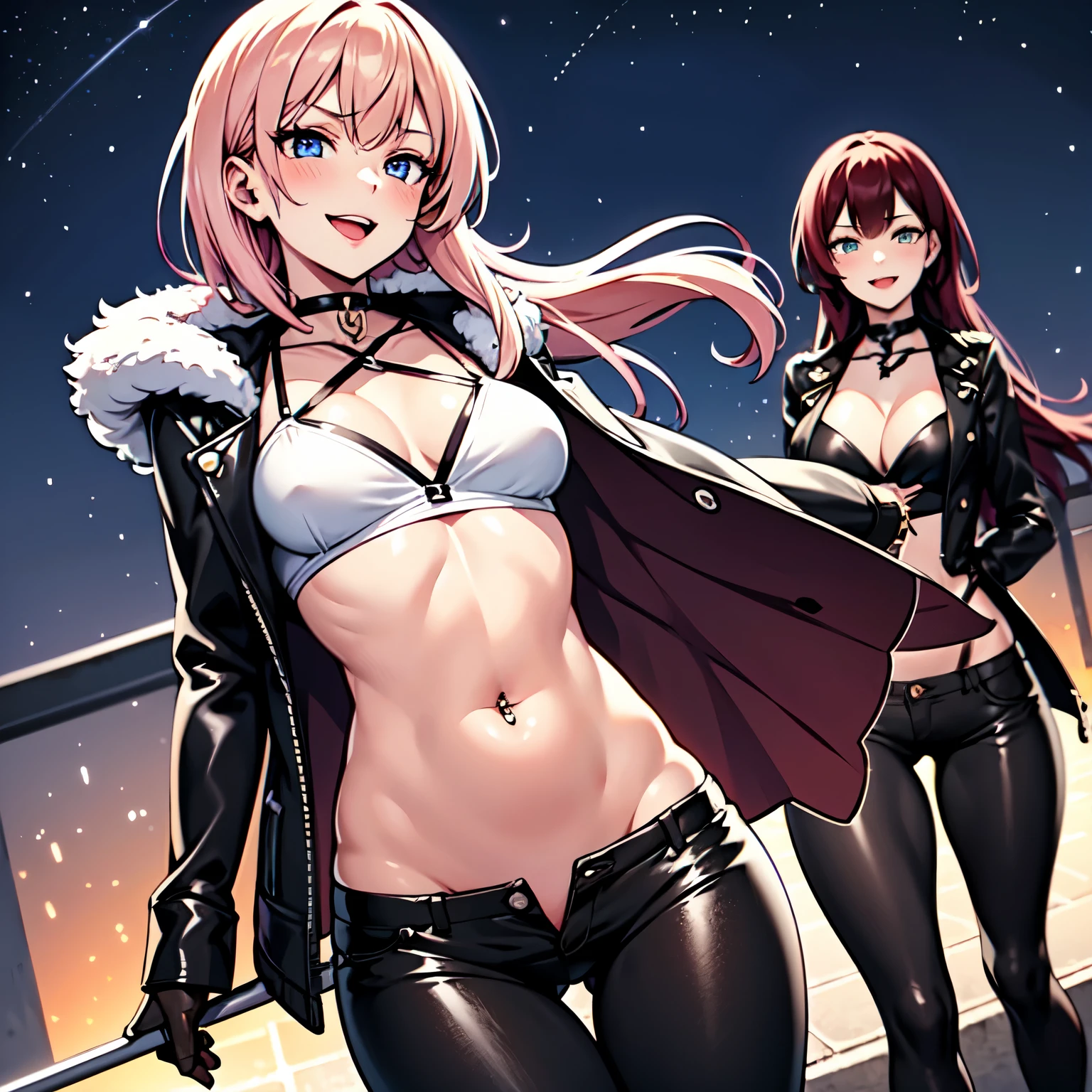 2girl, two girl, evil, blush, lipstick, long hair, medium breast, crazy eyes , outdoors, rooftop, cityscape, building, railing, night, night sky, scenery, city lights, fur trim, mature female, gloves, fur-trimmed coat
masterpiece, best quality, highly detailed, a girls with a gun, evil smile , open mouth, sexy gaze, badass
pose , evil smile, smile, guns blazing, anime girl with long hair, beautiful long
haired girl, navel, evil expression, exposed belly, exposed navel, exposed midriff, exposed lower belly,
long black pants, crop top, cleavage, unbuttoned leather pants ,open fly, low rise black leather pants,
leather jacket, holding a gun, , navel piercing