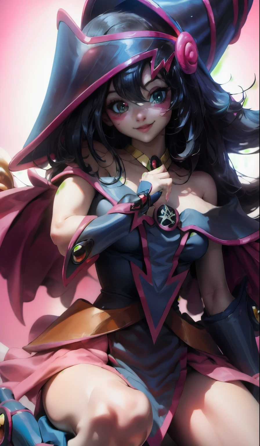 Crear el hermoso rostro de dark magician gils. Ojos azules. Labios rosados. Tez blanca. Cabello rubio. Tender girl smile. Dark magician gils