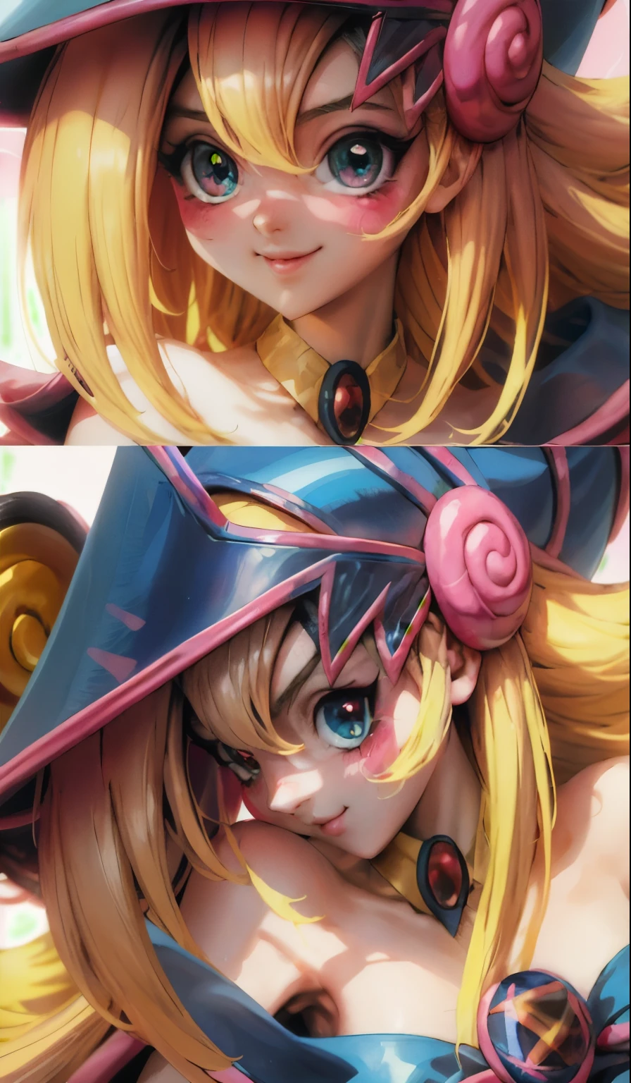 Beautiful face of dark wizard gils., blue eyes. pink lips. long blonde hair. exposed shoulders, angelic smile, beautiful well detailed face of the dark wizards gils. blowing a kiss. and winking. She is flirtatious with the viewer..
