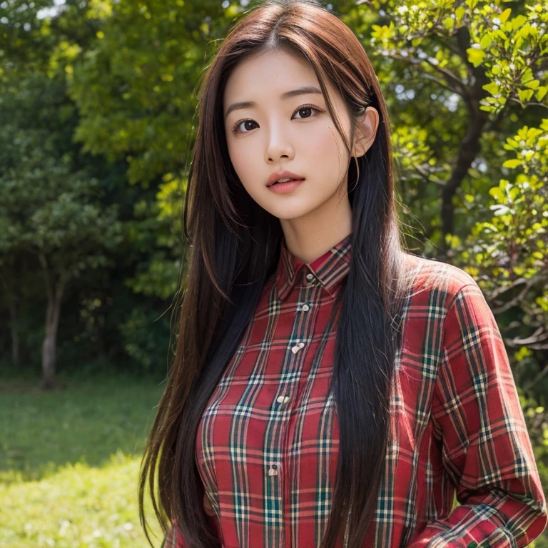 Young Asian woman, 25 years old, beautiful, long hair flowing up. A clear and detailed face, 8k,Wear a red and green and blue plaid shirt., In the open countryside there is a thatched hut with red flowers. Different action poses, Take photos 16k,with a high quality Fujicamera.,45,000,000 pixels