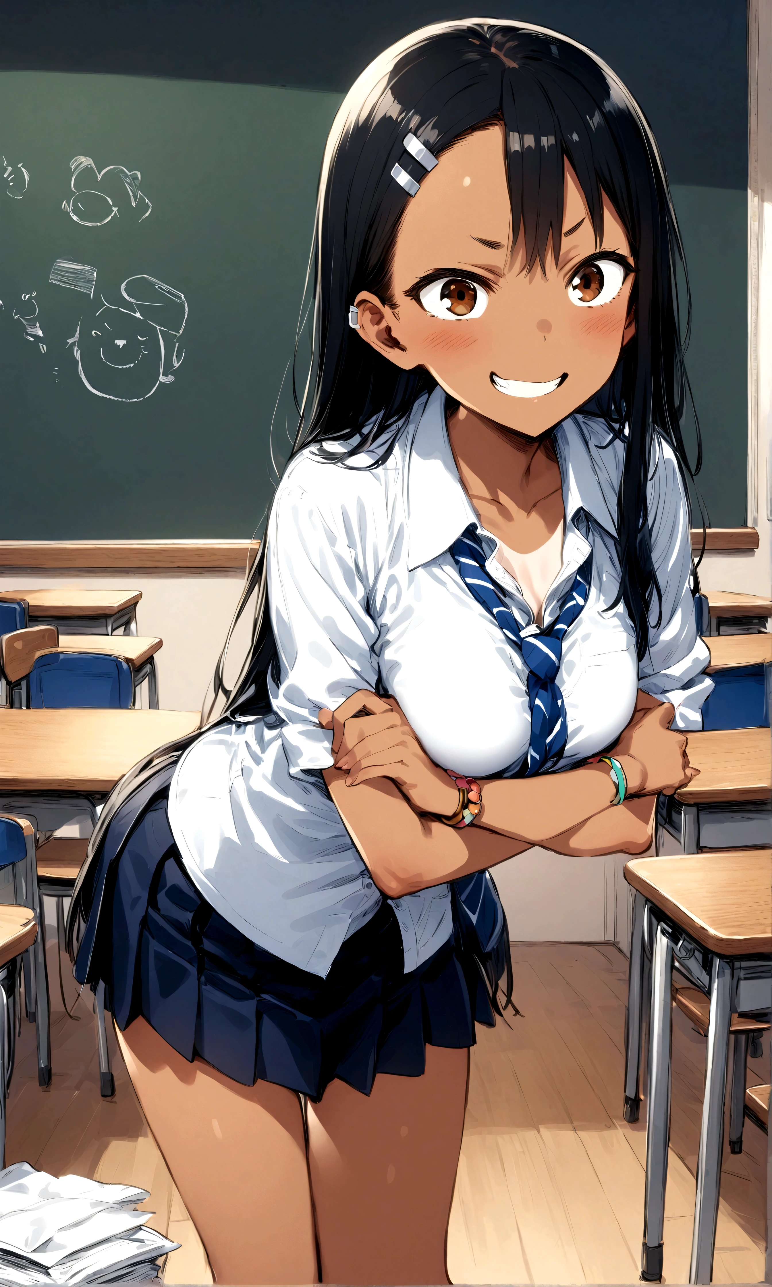 1 girl:nagatoro_hayase, brown eyes, black hair, long hair, dark skin, dark-skinned female, tan, tanlines, hairclip, , white shirt, collared shirt, pleated skirt,A mischievous girl with a sly grin, standing in a school classroom. She has sharp, narrow eyes giving a teasing look, and her eyebrows are raised in a playful manner. She wears a with a playful twist: a colorful tie, funky socks, and a few quirky accessories like bracelets and hair clips. Her arms are crossed, and she’s leaning slightly forward, one leg slightly ahead of the other, as if she’s about to make a witty remark. The classroom background includes desks, a blackboard with some doodles, and a few scattered papers on the floor.