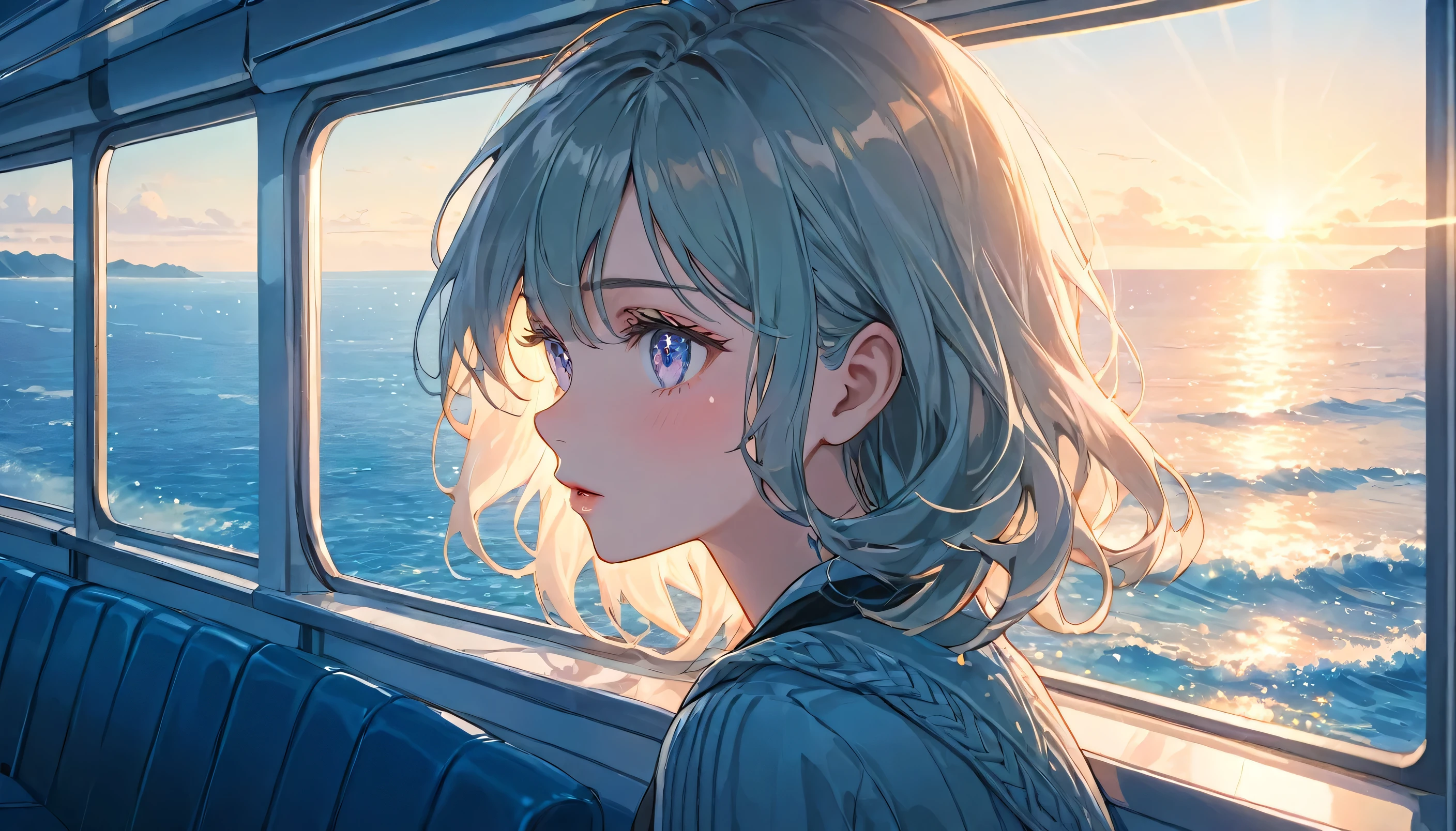 a girl gazing out the window of a ferry, looking at the sea, anime style, highly detailed, beautiful detailed eyes, beautiful detailed lips, extremely detailed face and features, long eyelashes, beautiful scenery outside the ferry window, calm ocean waves, sunlight streaming through the window, pastel colors, soft lighting, cinematic composition, dreamlike, ethereal, whimsical, masterpiece,long shot