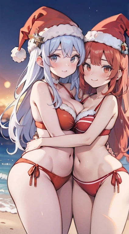 2 mulheres na praia, wearing Santa Claus hats, drinks in hand, they are in two piece bikini swimsuits, happy looking tempting skinship vibes, hugged, no estilo de anime, retratos simplificados e estilizados, soft lighting, brilhante/lustroso