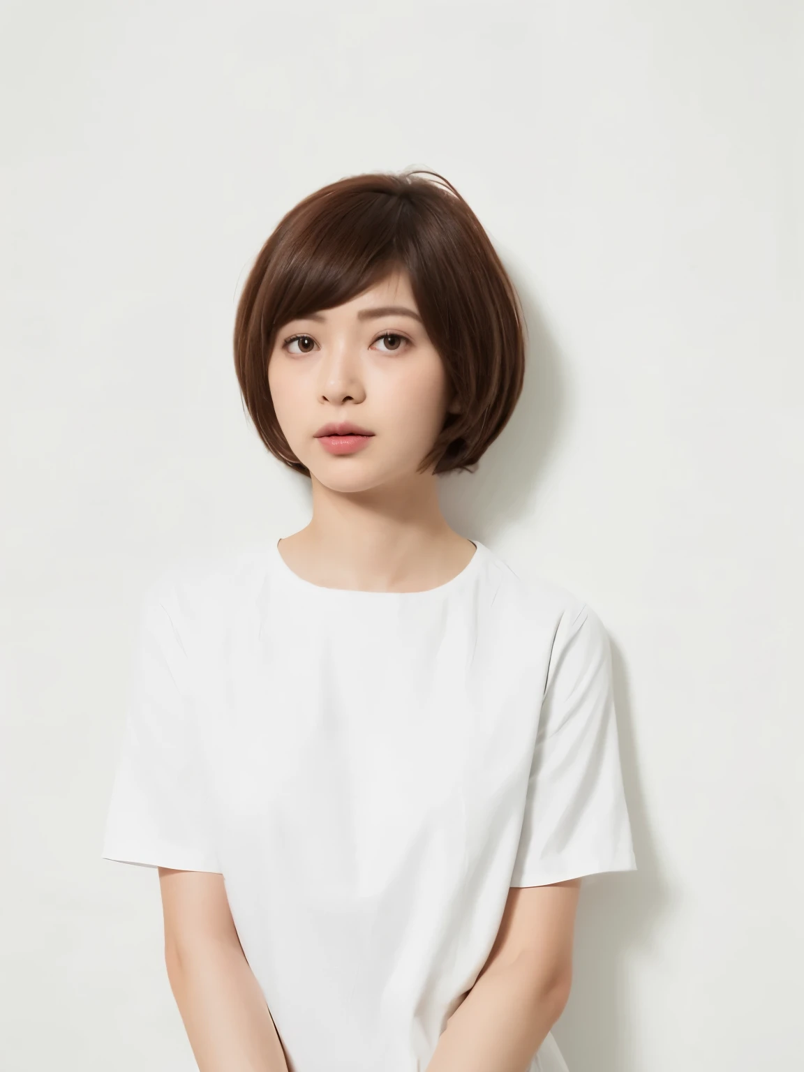 Short sleeve tops、(White wall background、Shortcuts:1.4)、Tabletop、Photographed in natural light、Japanese woman in her 40s、Berry Short、Pixie Cut、Looking down、short hair、Don'Don't look at the camera、In front of the white door、(In a room with white walls and windows)、((highest quality、8k、masterpiece:1.3))、Ultra-high resolution、(photoGenuineistic:1.4)、RAW Photos、Japanese,(detailed aspects)、Genuine、Highly detailed face and skin texture、Highly detailed lips、The correct state of the human body、short hair、Black Hair、Mr..々Pause、Natural color lip