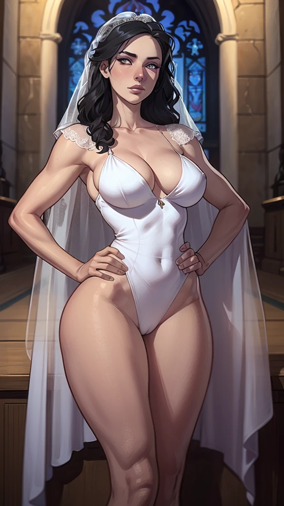 ((ultra detalhado, Obra de arte, melhor qualidade))
W3Yennefer, 1 garota, Sozinho, olhos roxos, vestir, vestindo um traje de casamento deslumbrante, bridal veil, dentro de uma bela igreja, with hands on hips firm breasts slim and sculptural body tall woman naked boobs