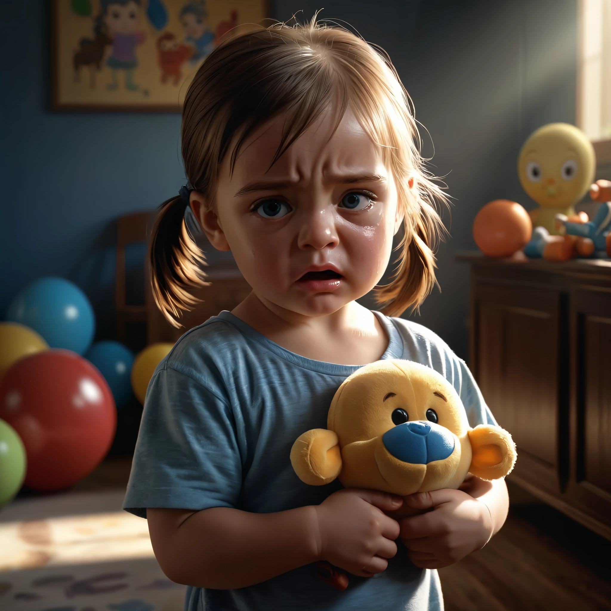 a young girl standing and holding a boy's toy, making a mean face, (the baby is crying:1.3), highly detailed, cinematic lighting, dramatic shadows, vibrant colors, digital art, realistic, masterpiece