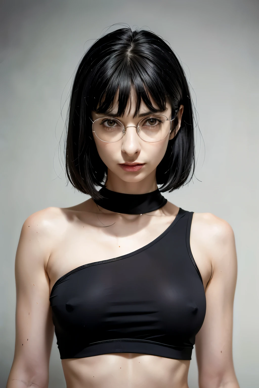 (18 year old woman), (black hair, short hair, bangs, hair down to her shoulders) ((round glasses on her face)) (white skin) angry, western face, dark circles, sad and tired and droopy face, pimples on her face , thin nose, ((best quality)), ((ultra resolution)), ((Photorealistic: 1.4)), (intricate details)