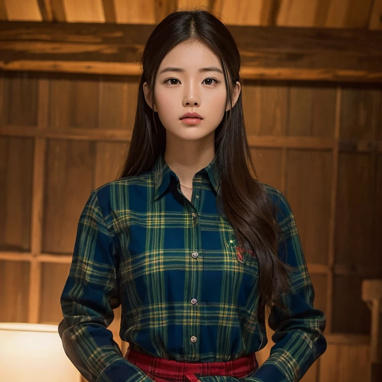 Young Asian woman, 25 years old, beautiful, long hair flowing up. A clear and detailed face, 8k,Wear a red and green and blue plaid shirt., In the open countryside there is a thatched hut with red flowers. Different action poses, Take photos 16k,with a high quality Fujicamera.,45,000,000 pixels
