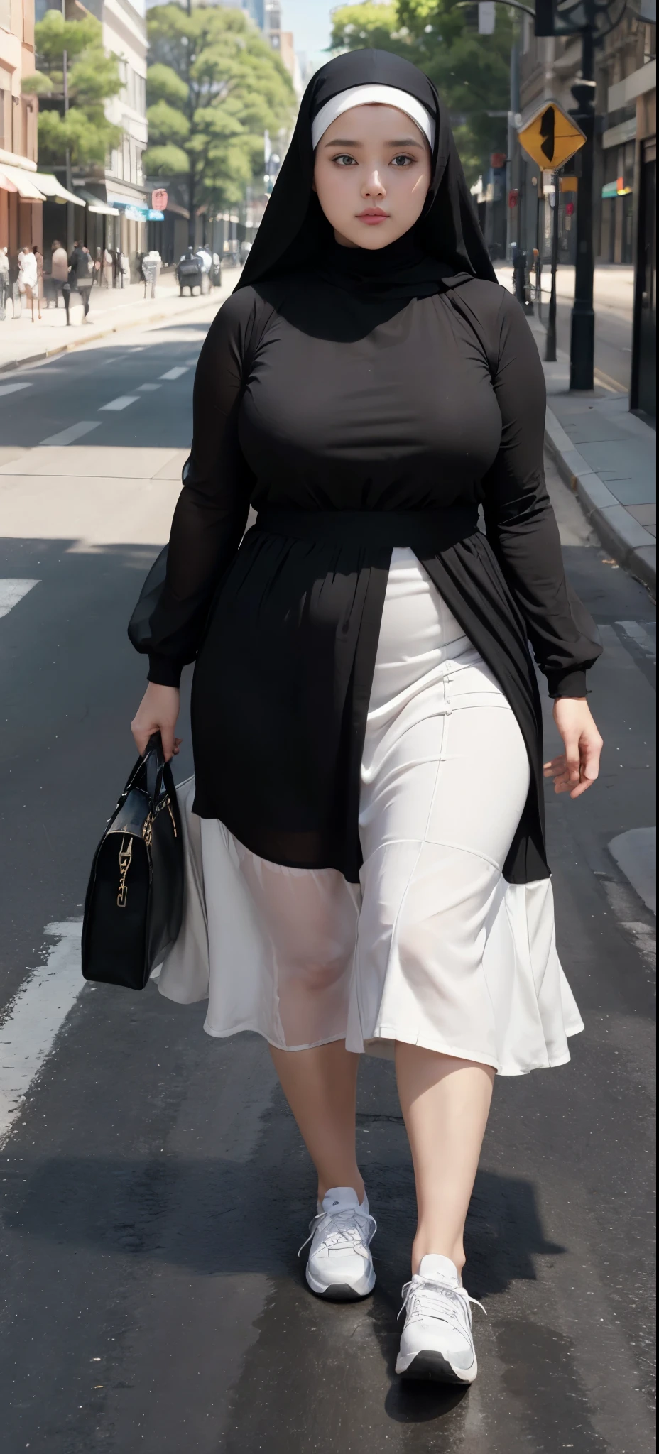 Milky white skin woman in black dress and hijab walking down the street, ,  hijab outfit, ,  hijab fashion model, plus size, plus size woman, ,  woman in black robes, beautiful woman, thicc, black outfit,, bbwchan , white sneakers , Height 170 cm, beautiful woman, with a beautiful appearance, a very beautiful masterpiece, a masterpiece of art, good lighting, Bright colors, Clean lines