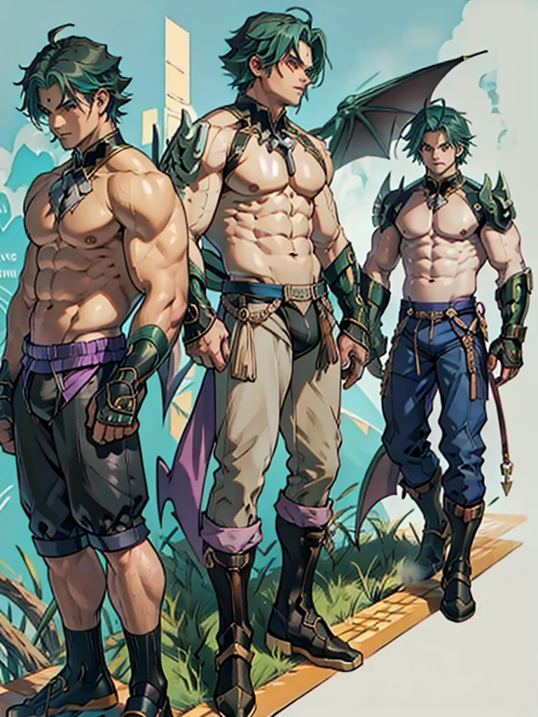 leo character design board, full body, full details, front, back, high detail, depth, many parts, many angles, of leo. has green hair. muscle. bat wings. wearing only underwear to reveal her muscular muscles