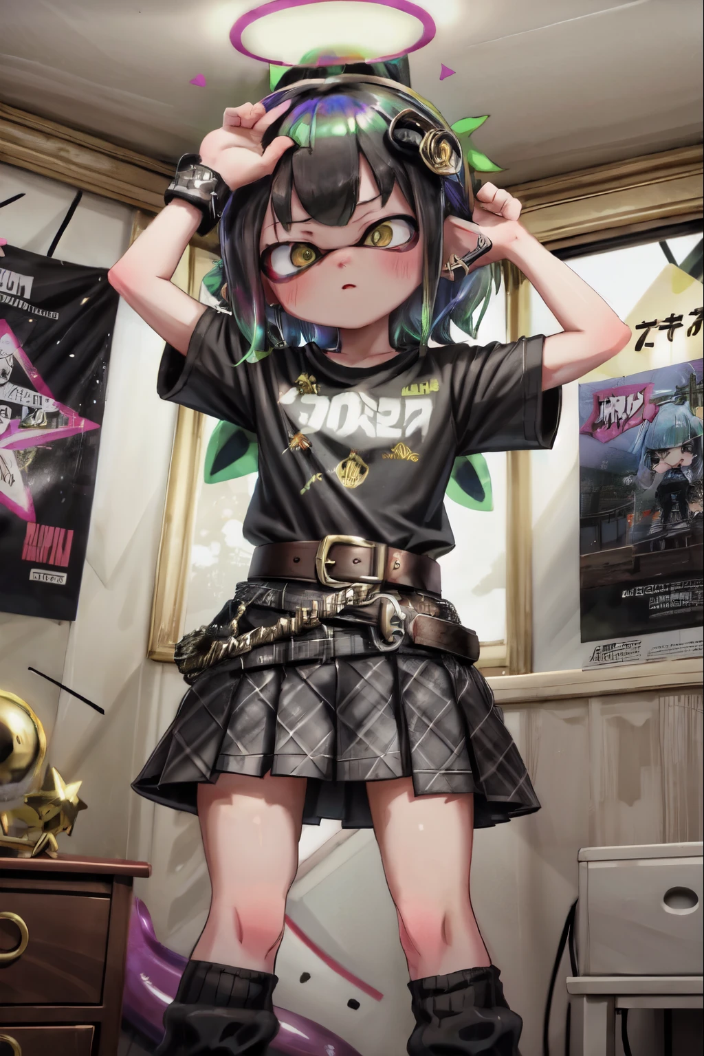 Splatoon Girl, Real Anime、alone, Micro Mini Skirt, Plaid スカート, View Viewer, Medium Tentacle Hair, shirt, Cowboy Shot, desecration, jewelry, Plaid, cross, gigantic breast、black shirt, Cleavage、belt, Earrings, blush, Golden Eyes, Cute eyes、black skirt, Bangles with spikes, Tilt your head, Knee socks, Prism colored tentacle hair、 tv set, Are standing, Heterochromia iridis, Lips parted, indoor, English text, bangs, Raise your hand, Short sleeve, latin cross, black Knee socks, cross Earrings, speaker, Poster \(object\), Raise your arms, Pleated skirt, Pentagram, black belt, シングルKnee socks
///////////