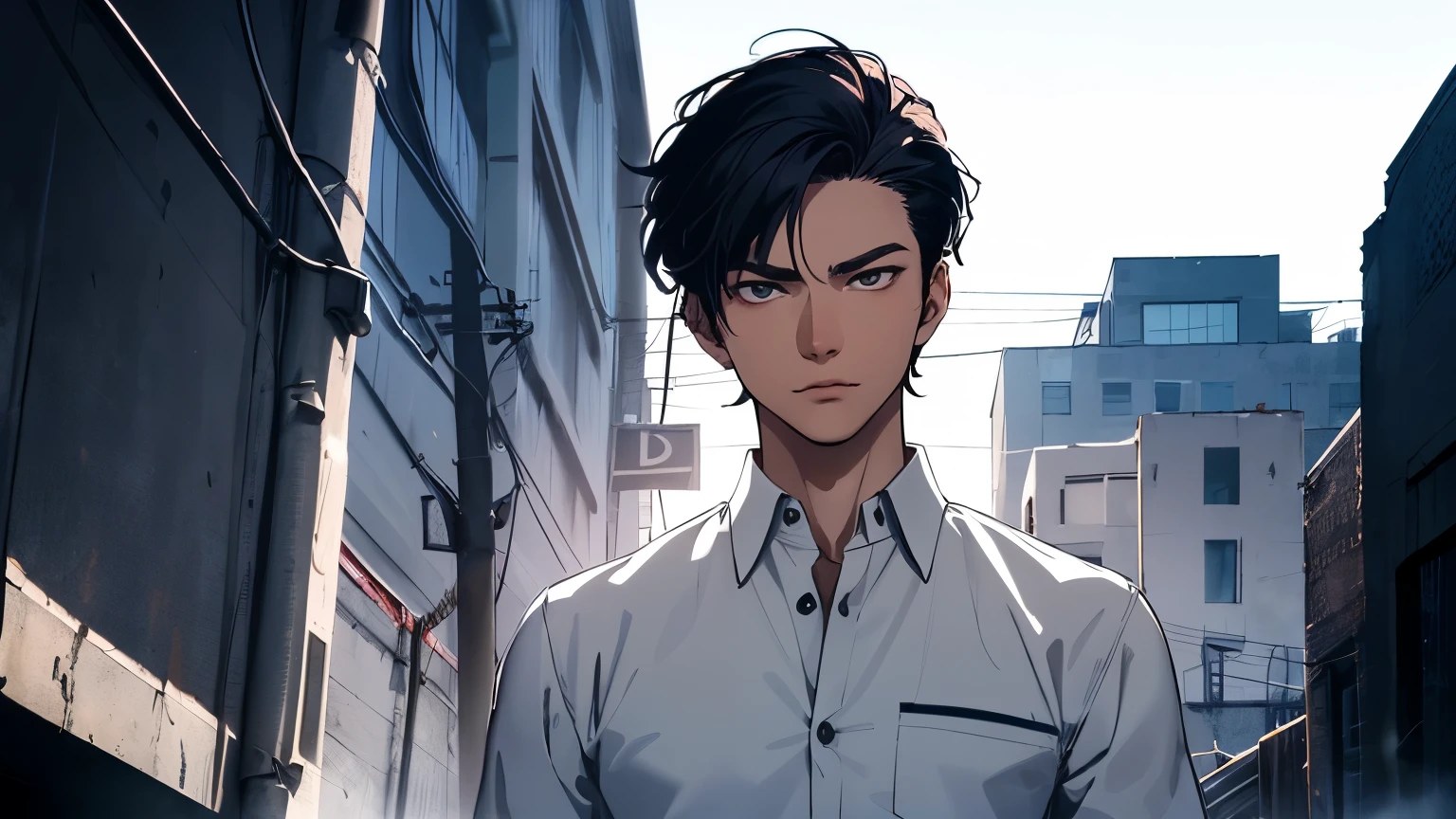 "A young man with calm features and mysterious eyes, wearing simple school clothes, and characterized by an aura of mystery and strength around him."





